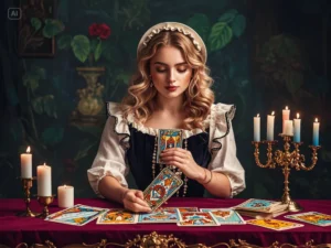 A beautiful fortune teller plays tarot cards. (1)